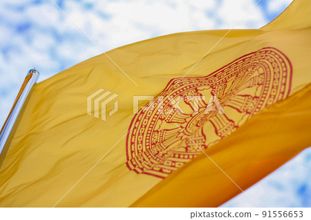 Buddism flag blow in the sky. 91556653