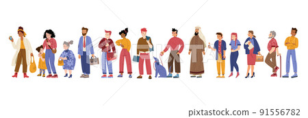 Different people stand in queue, characters row Different people stand in queue, characters row 91556782