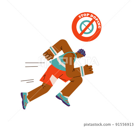 Stop doping symbol with athletic man running on competitions, flat vector illustration isolated on white background. Stop doping symbol with athletic man running on competitions, flat vector illustration isolated on white background. 91556913