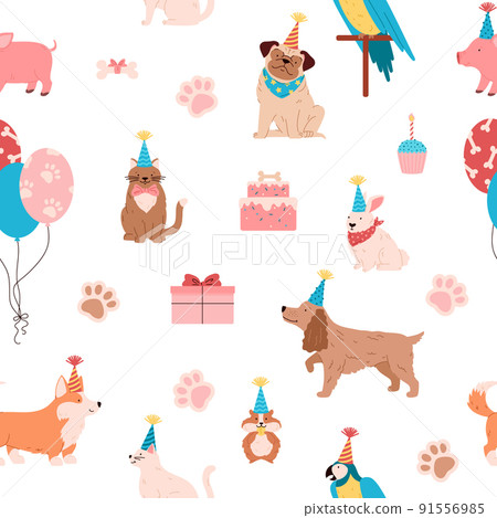 Pets birthday party seamless pattern with cute dogs, cats, hamster and parrot - flat vector illustration. 91556985