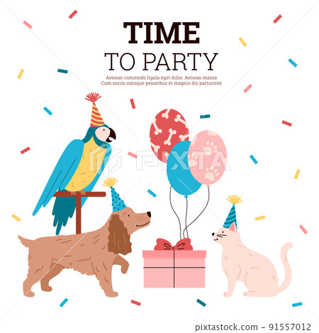 Pets party banner or invitation card design, flat cartoon vector illustration. 91557012