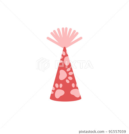 Red cone party hat with pink dog paws flat style, vector illustration 91557039