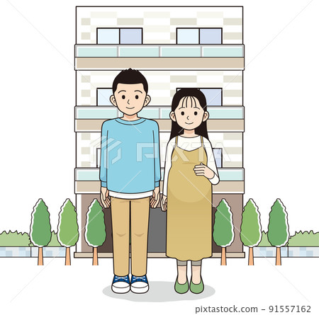 孕婦和丈夫站在公寓前,有輪廓線 孕婦和丈夫站在公寓前,有輪廓線 91557162