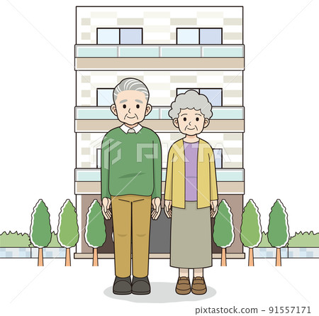 An elderly couple standing in front of the condominium with a contour line An elderly couple standing in front of the condominium with a contour line 91557171