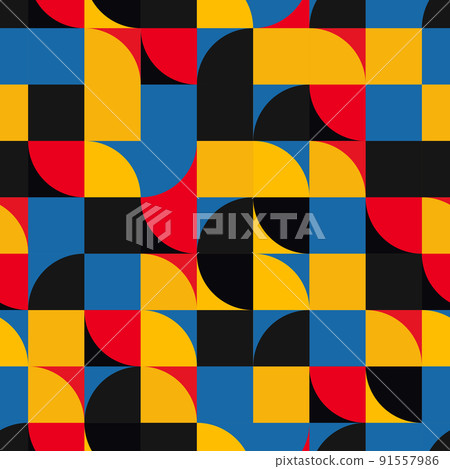 Abstract seamless pattern with geometric shapes. Vintage background with squares and circles in bright colours 91557986