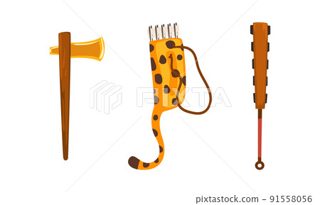 Maya Civilization Ethnic Symbols with Axe and Quiver with Arrows Vector Set 91558056