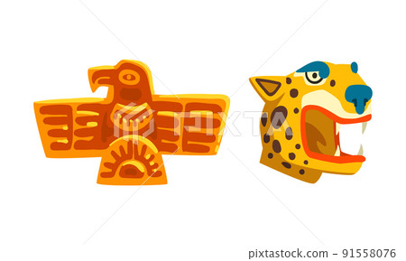 Maya Civilization Ethnic Symbols with Animal Head and Bird Totem Vector Set 91558076