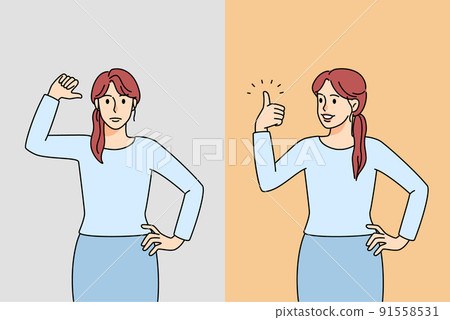 Woman showing like and dislike Woman showing like and dislike 91558531