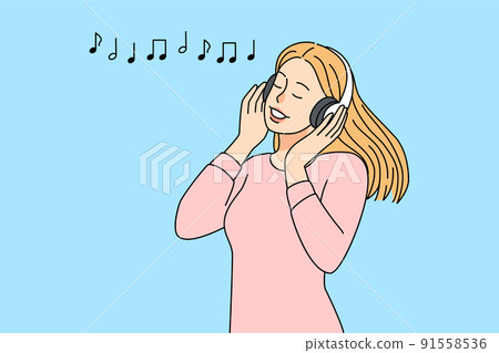 Happy girl listening to music in earphones 91558536