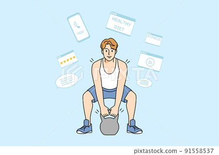 Strong man workout with barbell in gym  91558537