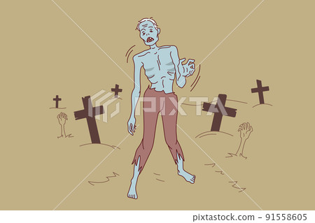 Zombie walking on cemetery at night Zombie walking on cemetery at night 91558605