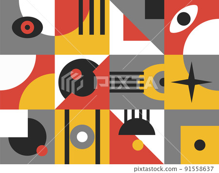 Bauhaus poster template with geometric colorful vivid eye pattern. Futuristic vector background. Abstract universal brochure in swiss retro minimal style. Bauhaus poster template with geometric colorful vivid eye pattern. Futuristic vector background. Abstract universal brochure in swiss retro minimal style. 91558637
