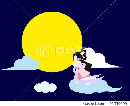 Cartoon Chang'e flying to the moon above clouds. Asian moon goddess of mid-autumn festival fairytale story. Flat design wallpaper, vector, illustration, EPS10 91559099