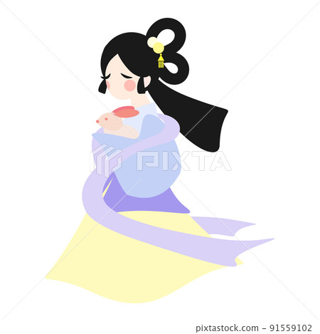 Cartoon Chang'e and Moon Rabbit Bunny character design. Asian moon goddess of mid-autumn festival fairytale story characters. Isolated on white background, flat design, vector, illustration, EPS10 91559102