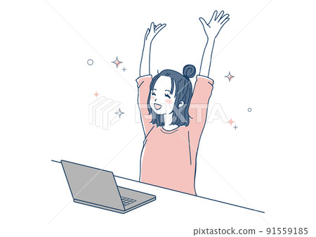 一個女人在電腦前歡欣鼓舞的插圖 一個女人在電腦前歡欣鼓舞的插圖 91559185