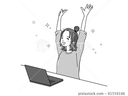 Illustration of a woman rejoicing in front of a computer (monotone) Illustration of a woman rejoicing in front of a computer (monotone) 91559186