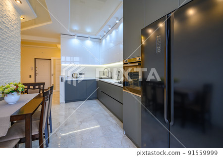 Luxury white and dark grey modern kitchen interior 91559999