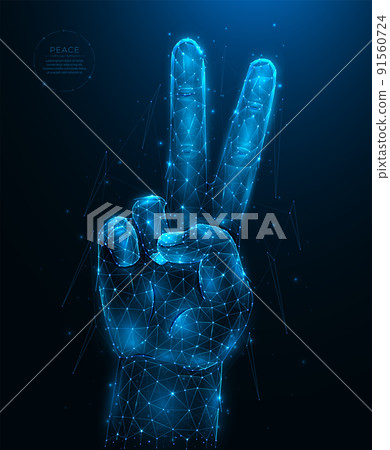 Polygonal vector illustration of a hand showing a gesture of peace or victory on a dark blue background. Hand with two fingers up low poly design. Pacifism concept. Futuristic banner or background. Polygonal vector illustration of a hand showing a gesture of peace or victory on a dark blue background. Hand with two fingers up low poly design. Pacifism concept. Futuristic banner or background. 91560724
