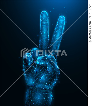 Abstract vector illustration of a hand showing a gesture of peace or victory on a dark blue background. Hand with two fingers up low poly design. Pacifism concept. Futuristic banner or background. Abstract vector illustration of a hand showing a gesture of peace or victory on a dark blue background. Hand with two fingers up low poly design. Pacifism concept. Futuristic banner or background. 91560725