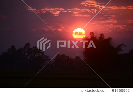 Scenic view dramatic beautiful sunset sky. Natural Sunset Sunrise on meadow silhouette shadow dark land. Vibrant dramatic sky on sunset, dawn, sunrise in Countryside. Landscape Colorful Sky At Sunset 91560902