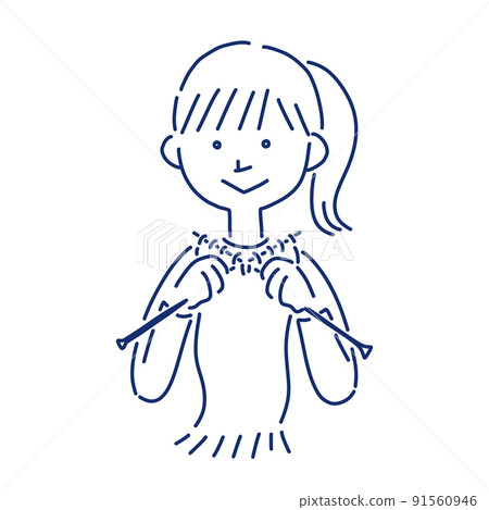 Line drawing illustration of a girl knitting a muffler Line drawing illustration of a girl knitting a muffler 91560946