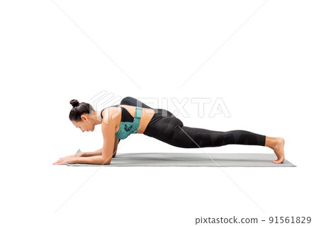 Female yoga. Beautiful mixed race woman practice lizard pose, Utthan Prishthasana, isolated on white. 91561829