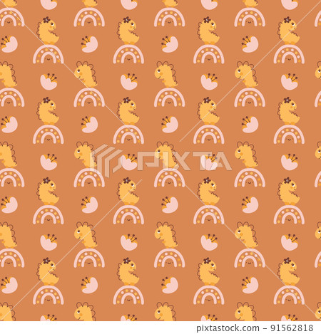 Cute vector kids seamless pattern with hand drawn girl dino, flower and rainbow on brown background. Creative childish illustration for fabric, textile 91562818
