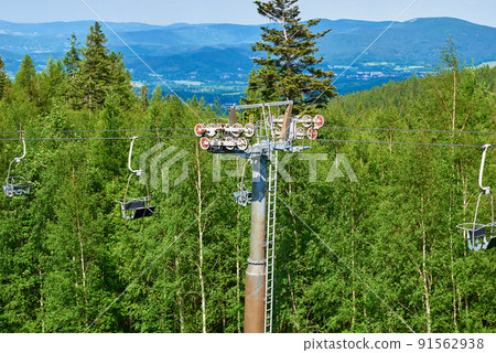 Open cable car line. Karpacz resort in Poland with lift road. Chairlift against green forest trees. Family outdoor recreation in mountains Open cable car line. Karpacz resort in Poland with lift road. Chairlift against green forest trees. Family outdoor recreation in mountains 91562938