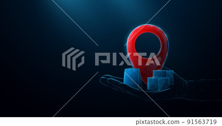 Red pin location and packages box on hand. Vector illustration Red pin location and packages box on hand. Vector illustration 91563719