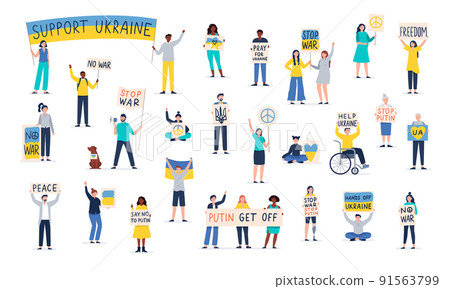 A big crowd of protesting people holding placards against the war in Ukraine. Men and women protest with signboards. Strikes, and protests around the world. Vector flat illustration. 91563799
