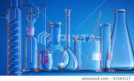 Glass chemistry lab equipment on blue background. Chemistry Lab concept. 3d  91564127