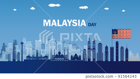 Travel landmark of Malaysia skyline in silhouette vector isolated cityscape panoramic. Travel landmark of Malaysia skyline in silhouette vector isolated cityscape panoramic. 91564143