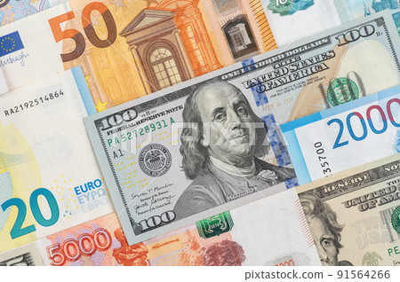 Money from different countries: dollars, euros, rubles. International currencies background. 91564266
