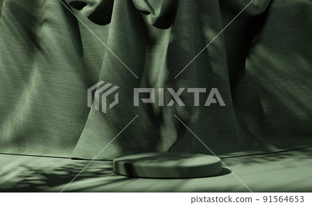 Dark green podium with green flying fabric, cloth background 91564653