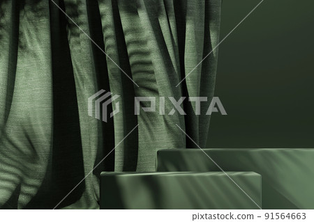 Dark green podium with green flying fabric, cloth background Dark green podium with green flying fabric, cloth background 91564663