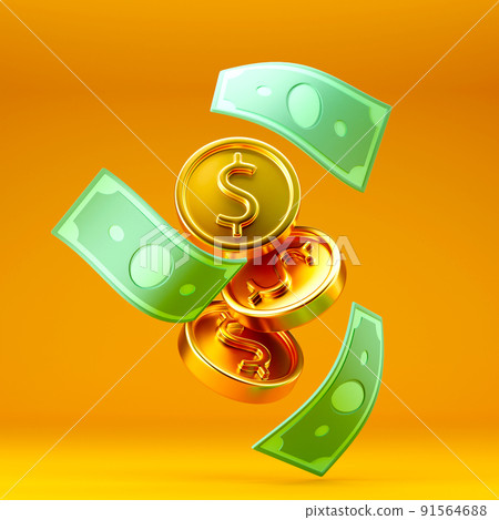 Floating curly dollar bills and golden dollar coins on bright yellow background Floating curly dollar bills and golden dollar coins on bright yellow background 91564688