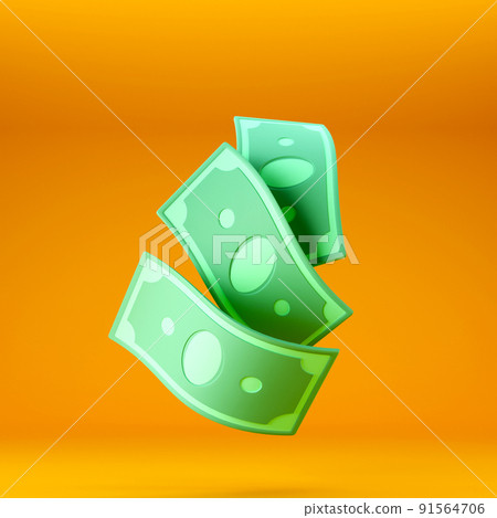 Floating curly dollar bills on bright yellow background Floating curly dollar bills on bright yellow background 91564706