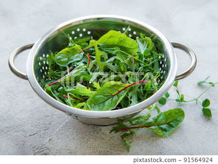 Mix of fresh green salad leaves with arugula and beets 91564924