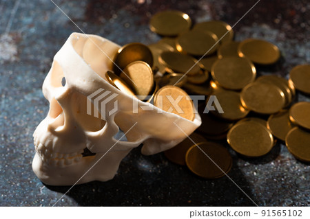 Skull model and gold coins Skull model and gold coins 91565102