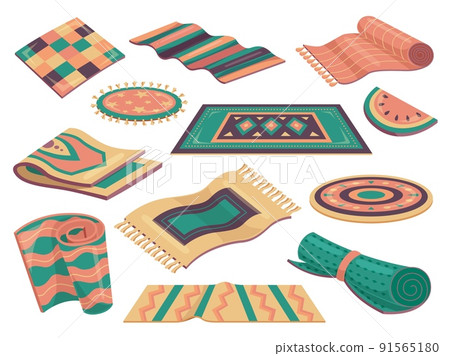 Cozy home carpets. Floor rug, rustic mat different materials. Color decoration carpet for room interior. Textile rugs, isolated craft wool racy vector decor set 91565180