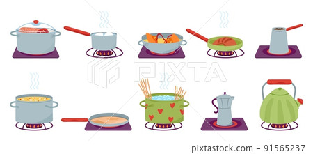 Cooking in pan. Pots and pans on gas stove or burner. Isolated hot cook kitchen process. Frying and boil in crockery, food in cookware decent vector set 91565237