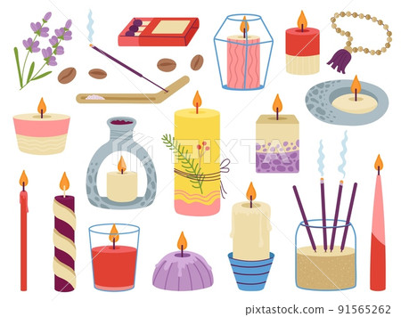 Meditation elements and candles. Candle clipart, home aromatherapy for relax. Aroma stick, yoga relaxation tools. Cozy lifestyle decent vector collection 91565262