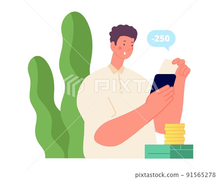 Man pay with smartphone. Surprised boy with receipt doing payment. Online buying, banking or financial vector concept with cartoon adult male character Man pay with smartphone. Surprised boy with receipt doing payment. Online buying, banking or financial vector concept with cartoon adult male character 91565278