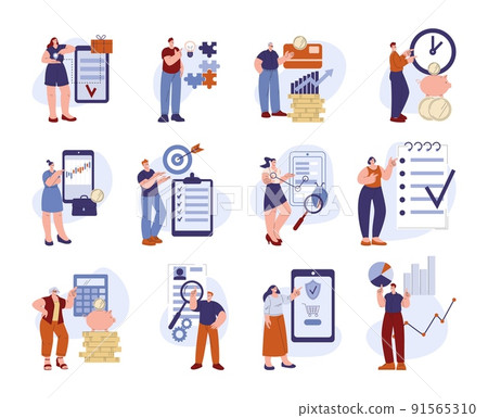 Business people point at time management and financial elements. Accounting, man woman indicate direction at checklist, deadline or store. Kicky smart vector characters 91565310