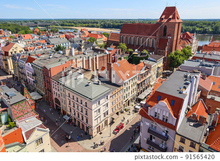 Aerial view of historical buildings of medieval town Torun, Poland. August 2019 91565420