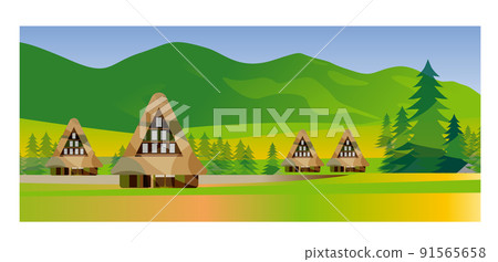 A beautiful Japanese mountain village with an old folk house. People working hard to harvest rice in the fall of harvest. Japanese old folk house, gassho-zukuri and beautiful mountains 91565658