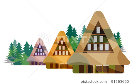 一個美麗的日本山村,有一座古老的民居。人們在秋收的時候努力收割稻穀。日本老民居、合掌造和美麗的山脈 一個美麗的日本山村,有一座古老的民居。人們在秋收的時候努力收割稻穀。日本老民居、合掌造和美麗的山脈 91565660