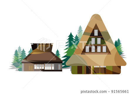 A beautiful Japanese mountain village with an old folk house. People working hard to harvest rice in the fall of harvest. Japanese old folk house, gassho-zukuri and beautiful mountains 91565661