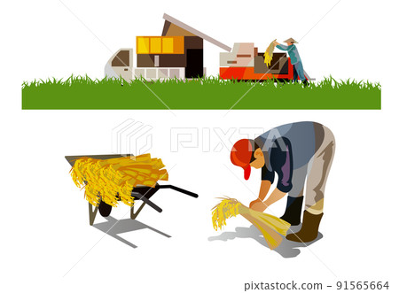 A beautiful Japanese mountain village with an old folk house. People working hard to harvest rice in the fall of harvest. Japanese old folk house, gassho-zukuri and beautiful mountains A beautiful Japanese mountain village with an old folk house. People working hard to harvest rice in the fall of harvest. Japanese old folk house, gassho-zukuri and beautiful mountains 91565664