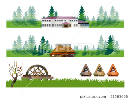 A beautiful Japanese mountain village with an old folk house. People working hard to harvest rice in the fall of harvest. Japanese old folk house, gassho-zukuri and beautiful mountains A beautiful Japanese mountain village with an old folk house. People working hard to harvest rice in the fall of harvest. Japanese old folk house, gassho-zukuri and beautiful mountains 91565666